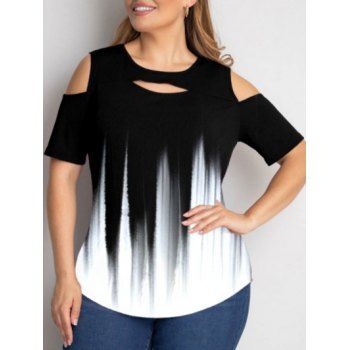 

Plus Size T Shirt Ombre T Shirt Printed Cut Out Cold Shoulder Casual Tee, White