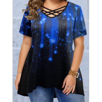 

Plus Size T Shirt Galaxy Print Crisscross High Low T-shirt Short Sleeve Curve Tee, Blue