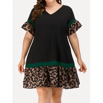 

Plus Size & Curve Dress A Line Dress Leopard Print Panel Flare Sleeve Mini Dress, Black