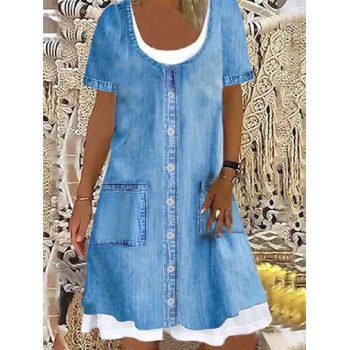 

Mini Dress 3D Faux Denim Print A Line Dress Casual Summer Faux Twinset Dress, Blue