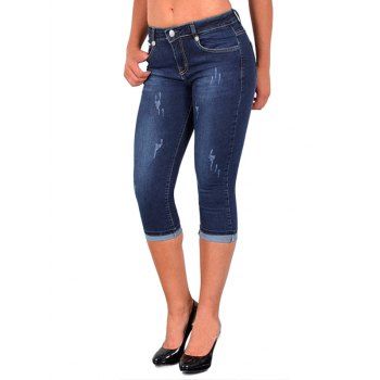Dark Wash Capri Jeans Zipper Fly Contrast Stitching Casual Cropped Denim Pants