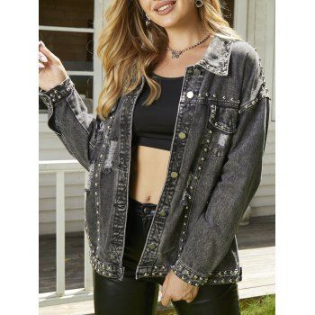 

Ripped Jean Jacket Rivet Front Pocket Long Sleeve Button Up Casual Jean Jacket, Gray