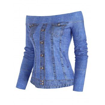 

Off the Shoulder T Shirt Faux Denim 3D Print T Shirt Long Sleeve Casual Tee, Blue