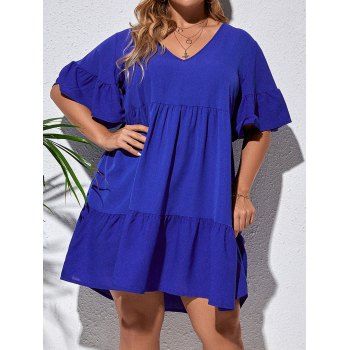 

Plus Size Dress Solid Color Flutter Sleeve High Waisted Dress V Neck Tiered A Line Mini Dress, Blue