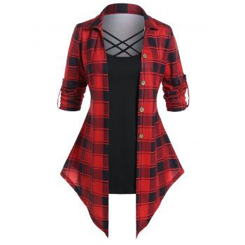 

Plus Size Faux Twinset T Shirt Plaid Print Crisscross Asymmetrical Hem Casual T Shirt, Black