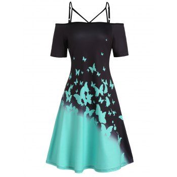 

Ombre Dress Butterfly Print A Line Dress Cold Shoulder Cut Out Casual Mini Dress, Black