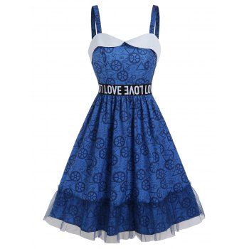 

A Line Dress Mesh Overlay Allover Gear Geometric Letter Print Foldover Mini Dress, Deep blue