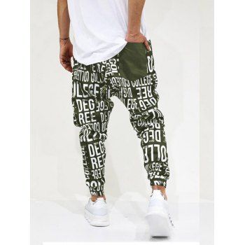 

Jogger Pants Allover Letter Print Pants Drawstring Beam Feet Pockets Long Casual Pants, Deep green