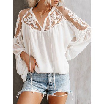 

Embroidery Flower Blouse Sheer Lace Solid Color Long Sleeve Casual Shirt, White