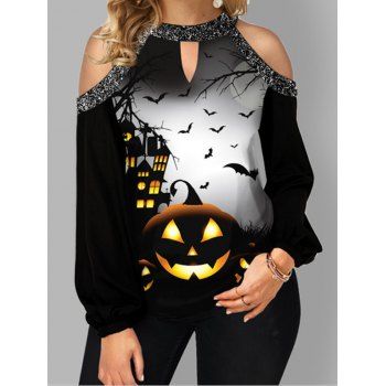 

Halloween T Shirt Gothic T Shirt Pumpkin Bat Printed Keyhole Cold Shoulder Long Sleeve Tee, Black