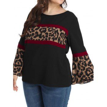 

Plus Size & Curve Blouse Leopard Print Colorblock Panel Blouse Bell Sleeve Blouse, Black