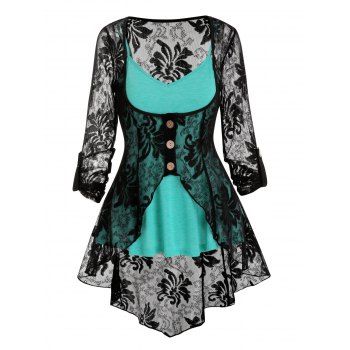 

Heather Cami Top And Sheer Floral Lace Mock Button Slit Long Sleeve Blouse Two Piece Top, Light green