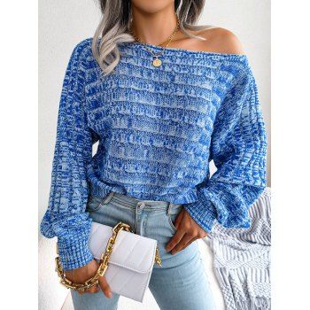 

Skew Collar Knit Sweater Raglan Sleeve Heatered Casual Knitted Sweater, Blue