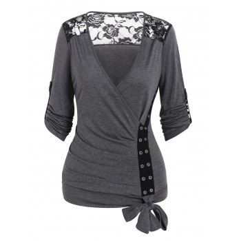 

Flower Lace Insert T Shirt Surplice Plunge Long Sleeve T-shirt Eyelet Ruched Bowknot Casual Tee, Dark gray