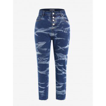 

Plus Size Button Fly Tie Dye Frayed Jeans, Deep blue