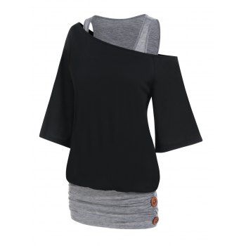 

Colorblock Faux Twinset T Shirt Cold Shoulder Skew Collar Twofer Ruched Long 2-In-1 Tee, Black