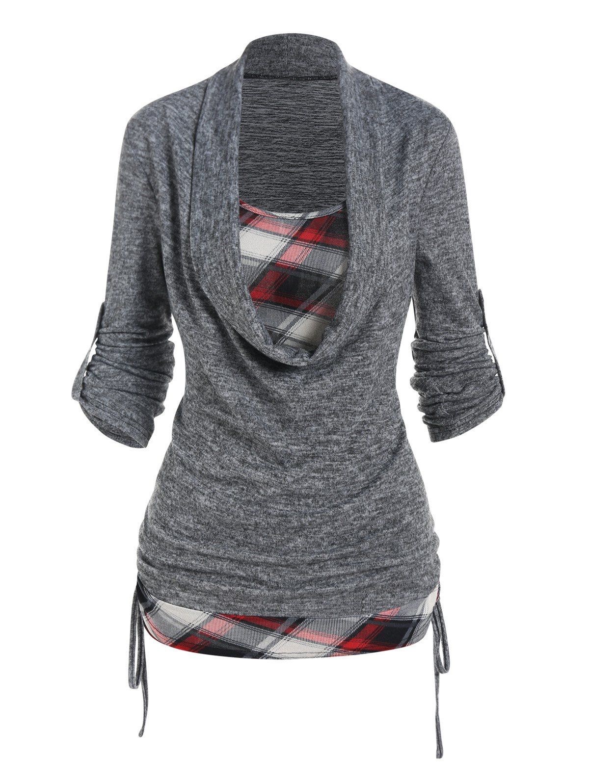 Plaid Print Knit Faux Twinset T Shirt Space Dye Cinched Cowl Collar Knitted T-shirt Rolled Up Sleeve Casual 2-In-1 Tee - DARK GRAY XXXL