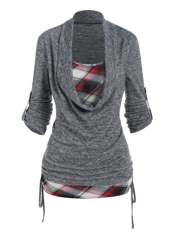 T-shirt Décontracté Chiné Imprimé à Carreaux Manches Roulées à Col Bénitier Deux Pièces - Gris Foncé XXXL