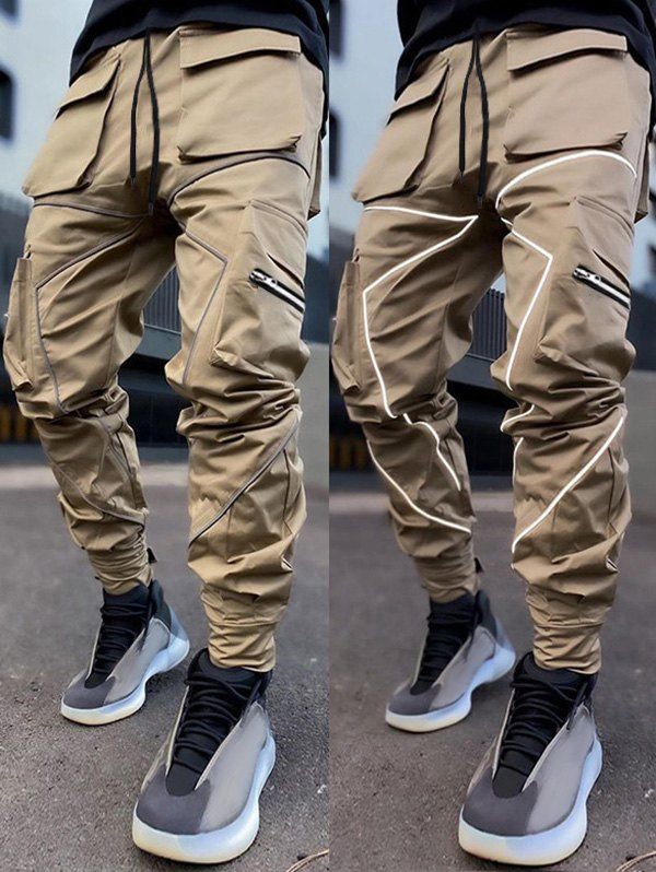 Pantalon Cargo Décontracté Lumineux avec Multi-Poches Zippées Taille Elastique - Jaune clair M