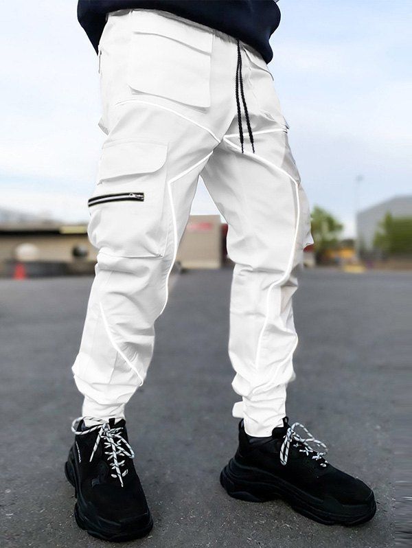 Pantalon Cargo Décontracté Lumineux avec Multi-Poches Zippées Taille Elastique - Blanc M