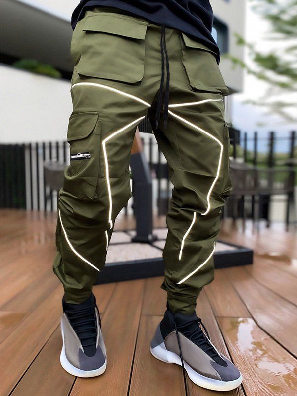 Luminescent Piping Cargo Pants Zipper Multi Pockets Drawstring Elastic Waist Casual Pants - DEEP GREEN 3XL