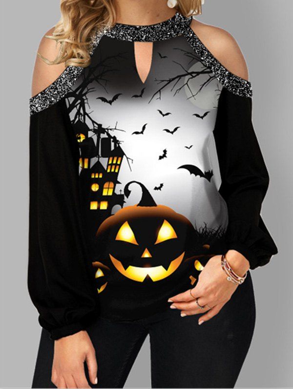 T-shirt D'Halloween Gothique à Imprimé Chauve-souris et Citrouille à Epaule Dénudée à Manches Longues - Noir 2XL