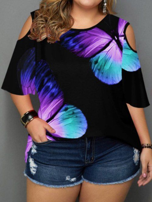 T-shirt Décontracté à Imprimé Papillon à Epaule Ouverte à Manches Courtes Grande Taille - Noir XL