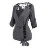 Flower Lace Insert T Shirt Surplice Plunge Long Sleeve T-shirt Eyelet Ruched Bowknot Casual Tee - DARK GRAY XXXL
