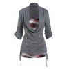 Plaid Print Knit Faux Twinset T Shirt Space Dye Cinched Cowl Collar Knitted T-shirt Rolled Up Sleeve Casual 2-In-1 Tee - DARK GRAY XXXL