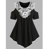 T-shirt Décontracté Fleur Feuille Panneau en Dentelle à Taille Empire de Grande Taille - Noir 1X