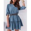A Line Dress Chambray Front Pockets Ruffle Long Sleeve Dress Solid Color Casual Mini Dress - BLUE XL