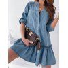 A Line Dress Chambray Front Pockets Ruffle Long Sleeve Dress Solid Color Casual Mini Dress - BLUE XL