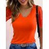 T-shirt D'Eté Décontracté Panneau en Dentelle en Couleur Brillante à Col V - Orange L