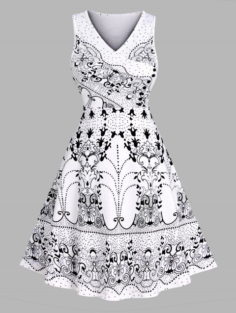 Tribal Flower Butterfly Dots Allover Print A Line Dress Crossover V Neck Sleeveless Dress