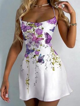 Butterfly Flower Print Dress A Line Dress High Waisted Casual Mini Dress