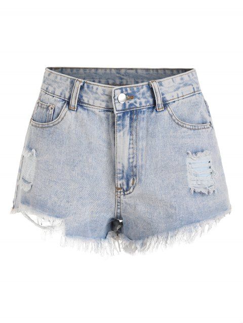 Light Wash Denim Shorts Ripped Jeans Frayed Hem Pockets Zipper Fly Casual Denim Shorts
