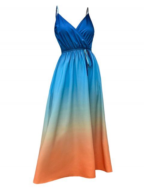 Ombre Print Maxi Dress Surplice Plunge Adjustable Shoulder Straps Side Slit Long Dress