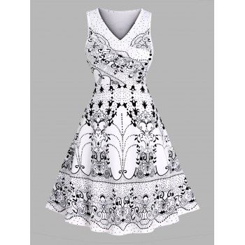 

Tribal Flower Butterfly Dots Allover Print A Line Dress Crossover V Neck Sleeveless Dress, Black