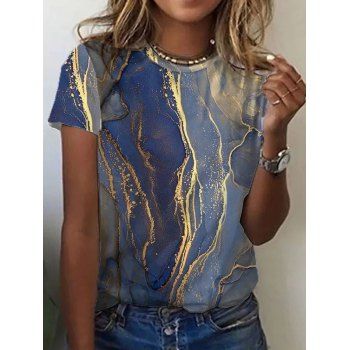 

Marble Allover Print T Short Short Sleeve Round Neck Casual Tee, Blue