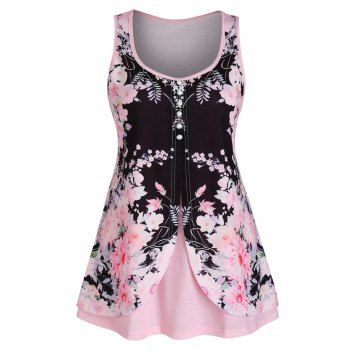

Plus Size Tank Top Flower Print Tank Top Overlap Mock Button Cottagecore Style Casual Tank Top, Light pink