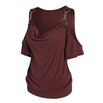 

Casual T Shirt Solid Color T Shirt Draped Cowl Neck Short Sleeve Trendy Summer Tee, Deep red