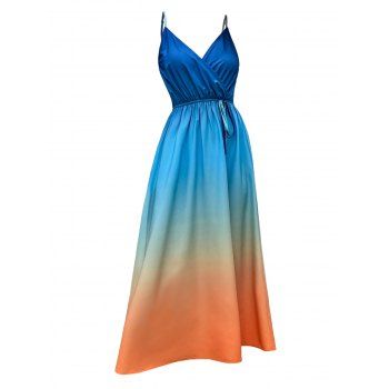 

Ombre Print Maxi Beach Dress Surplice Plunge Adjustable Shoulder Straps Side Slit Long Dress, Blue