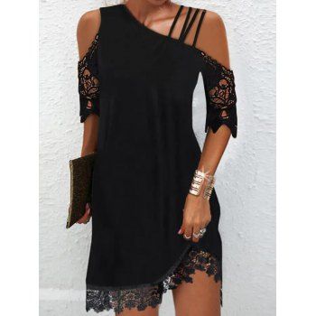 

Hollow Out Guipure Lace Panel Mini Dress Cold Shoulder Skew Collar Shift Dress, Black