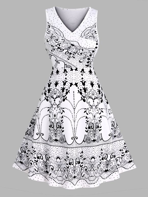 Robe Ligne A Croisée à Imprimé Fleur et Papillon sans Manches à Col V - Noir L