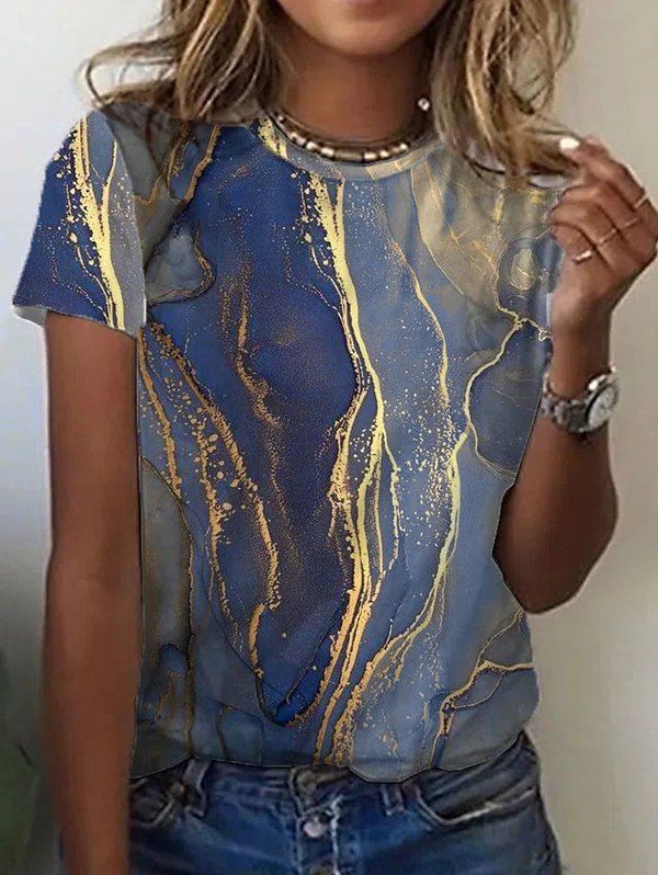 T-shirt Décontracté à Imprimé Marbre Partout Manches Courtes à Col Rond - Bleu XXL
