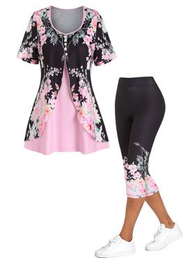 Flower Print Mock Button Overlap Faux Twinset T Shirt And Floral Leaf Print Skinny Capri Leggings Outfit