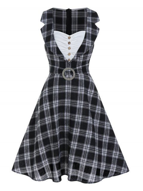 Vintage Dress Plaid Print Dress Notched Rhinestone O Ring Ruched Mock Button A Line Mini Dress