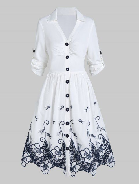 Contrast Flower Embroidery Shirt Dress Button Up Casual A Line Dress Ruched Bust Long Sleeve Dress