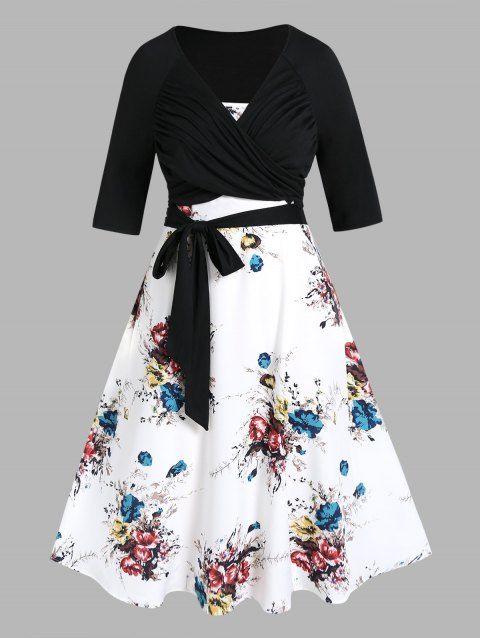 Plus Size & Curve Dress Floral Dress High Waisted A Line Midi Dress And Crossover Tied Top Two Piece Set