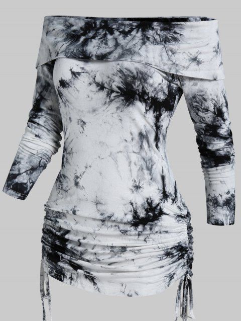 Tie Dye Print Off The Shoulder T Shirt Foldover Ruched Cinched T-shirt Long Sleeve Tee
